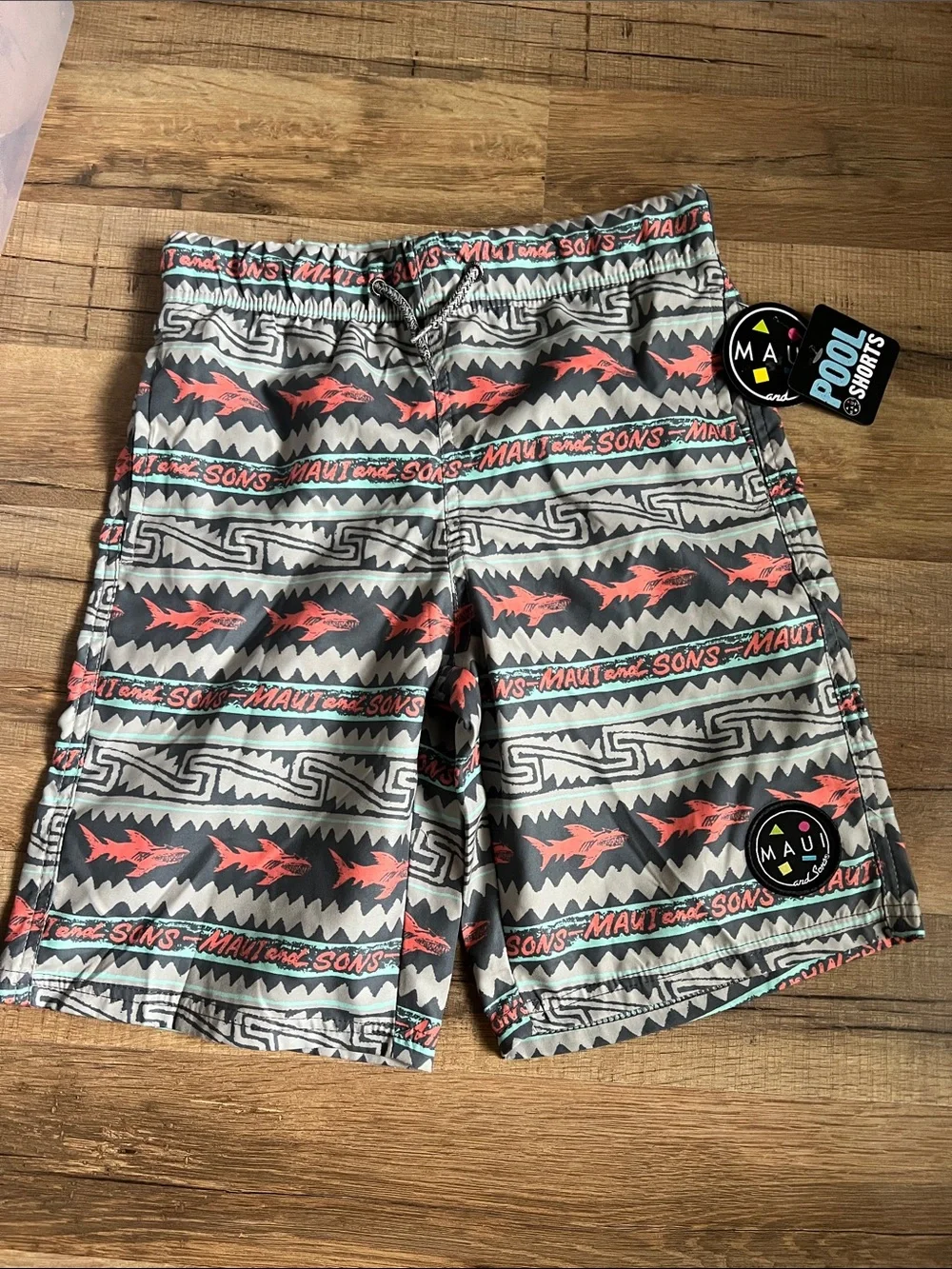 New Maui and Sons Gray & Coral Aztec Swim Shorts kids boys size large